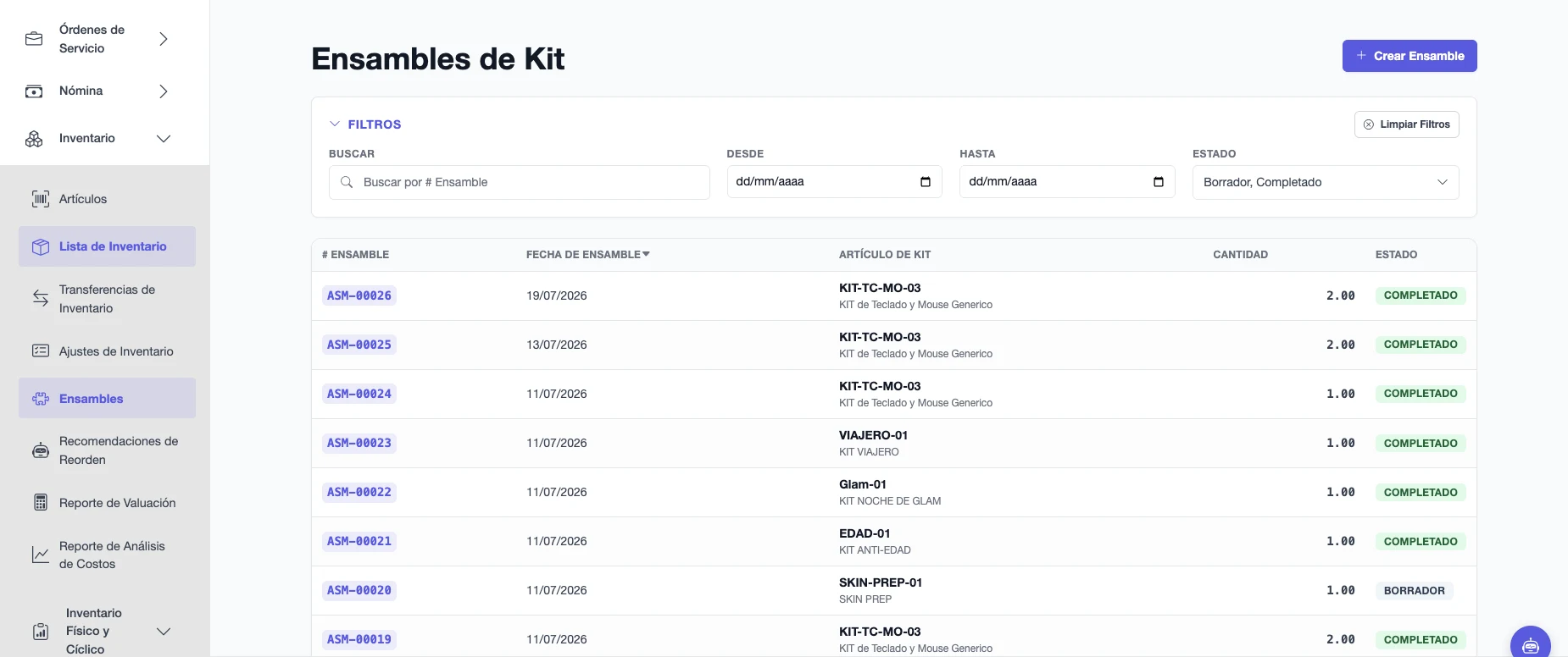 Lista de ensambles con número, fecha, kit, cantidad y estado