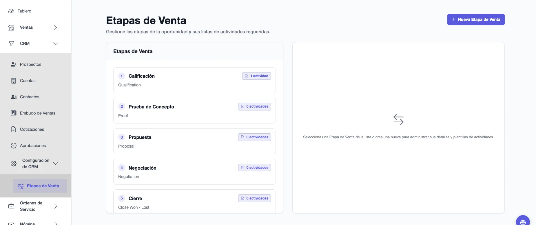 Lista de etapas de venta numeradas, cada una con sus actividades requeridas