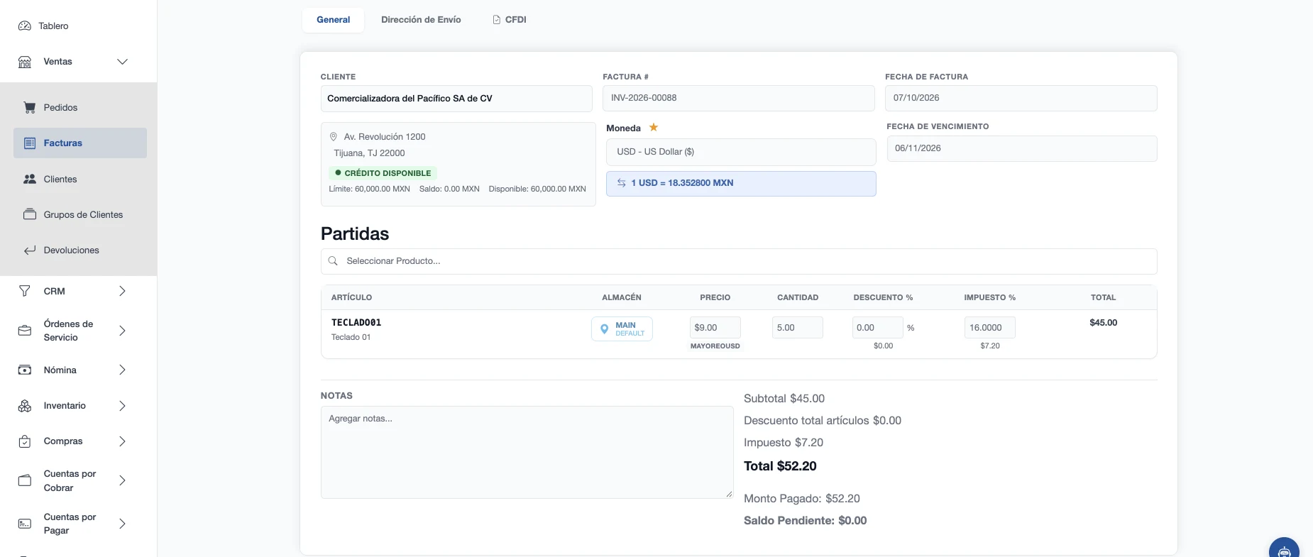 Detalle de una factura con productos, impuestos, total, monto pagado y saldo pendiente