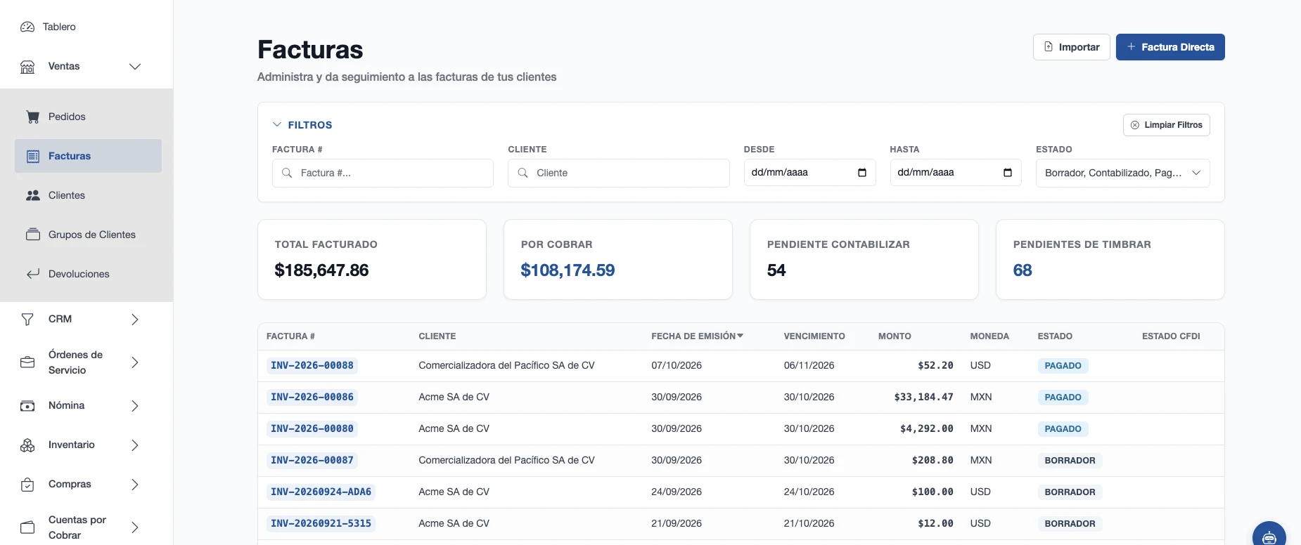 Lista de facturas de Majjun ERP con total facturado, saldo por cobrar y estados