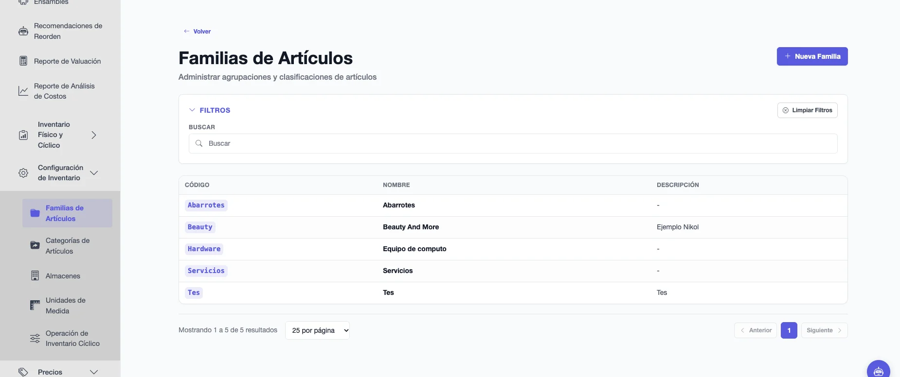 Lista de Familias de Artículos con código, nombre y descripción de cada familia