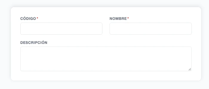 Formulario Nueva Familia con los campos Código, Nombre y Descripción