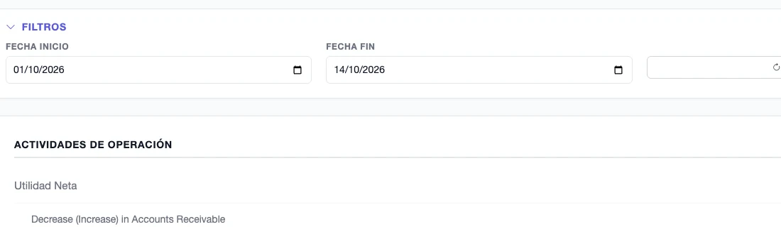 Estado de Flujo de Efectivo por método indirecto con los filtros de fecha inicio, fecha fin y el botón Actualizar
