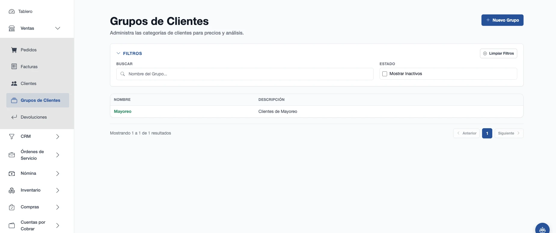 Lista de grupos de clientes con búsqueda, descripción y filtro de grupos inactivos
