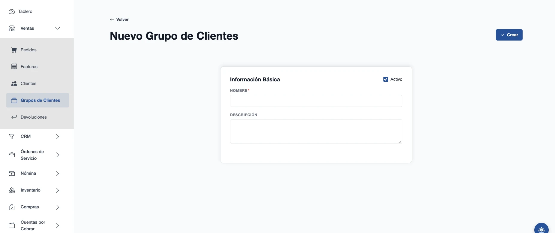Formulario de nuevo grupo de clientes con nombre, descripción y estado activo