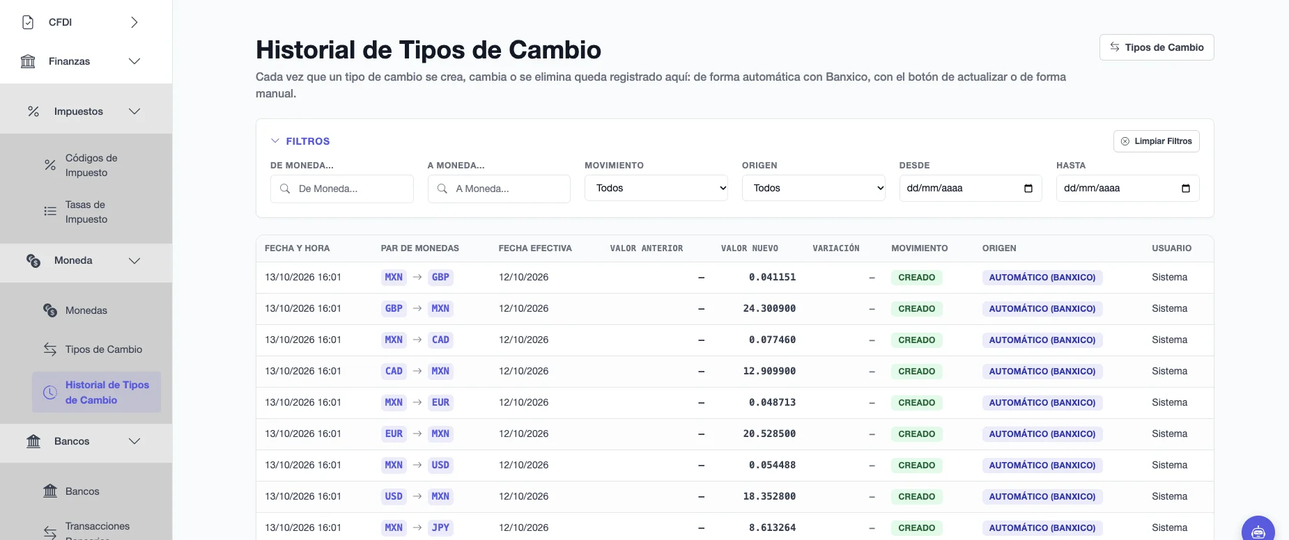 Historial de Tipos de Cambio con fecha y hora, par de monedas, valor anterior, valor nuevo, movimiento, origen y usuario de cada registro