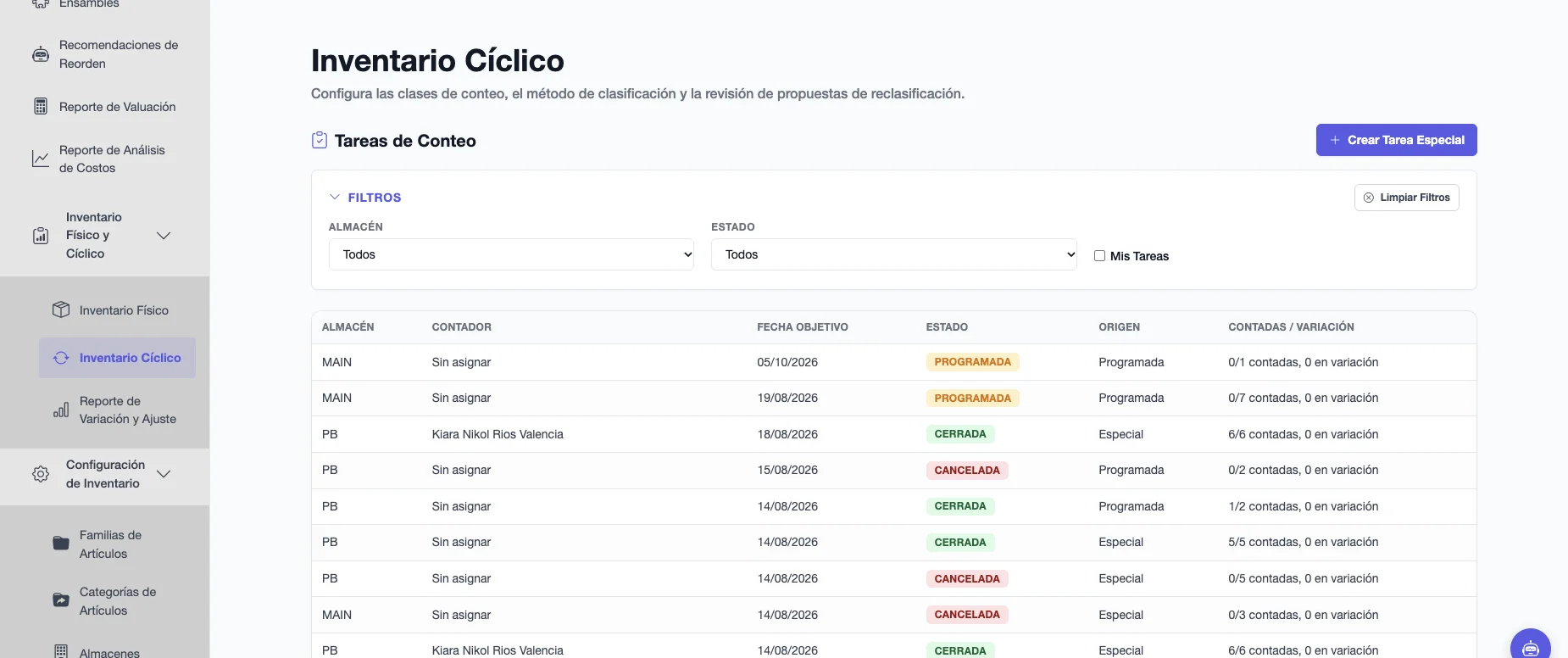 Tareas de Conteo del Inventario Cíclico con almacén, contador, fecha objetivo, estado, origen y avance de cada tarea