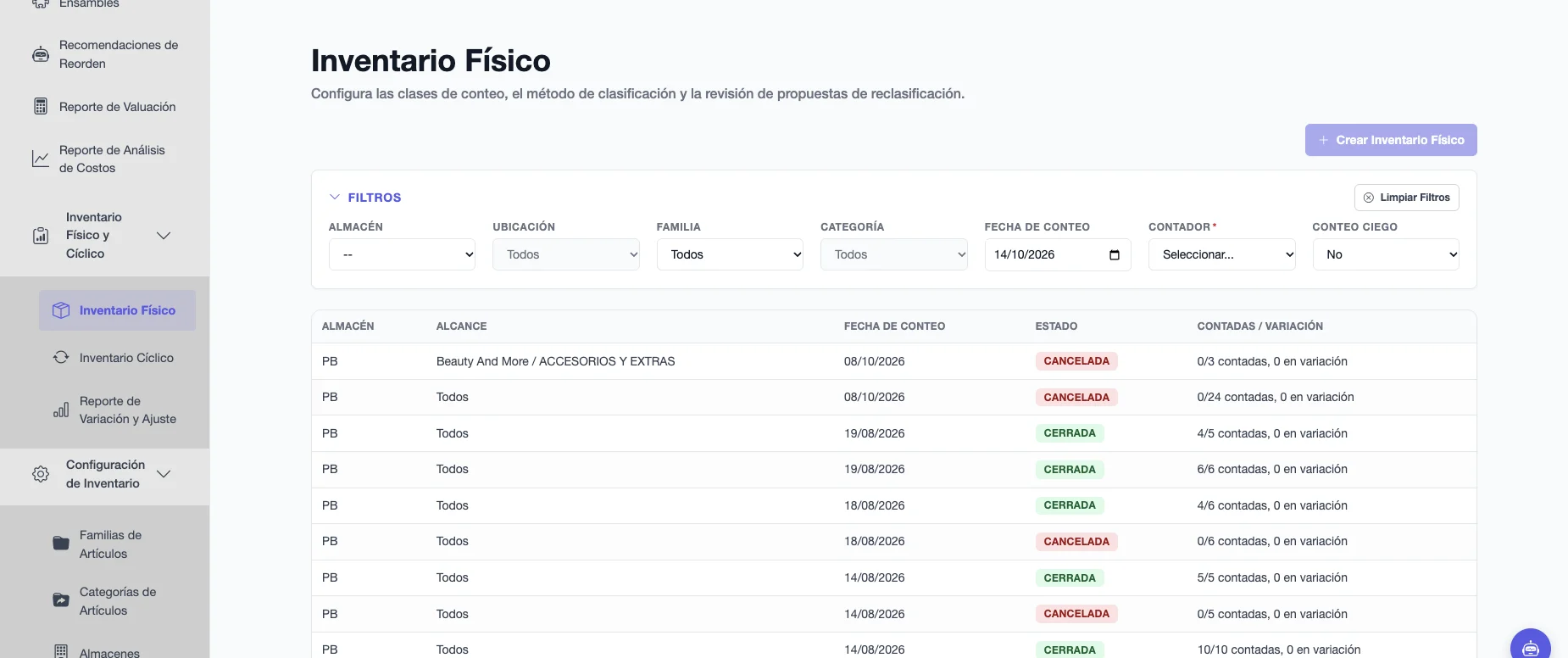 Lista de Inventario Físico con almacén, alcance, fecha de conteo, estado y avance de partidas contadas y en variación de cada conteo