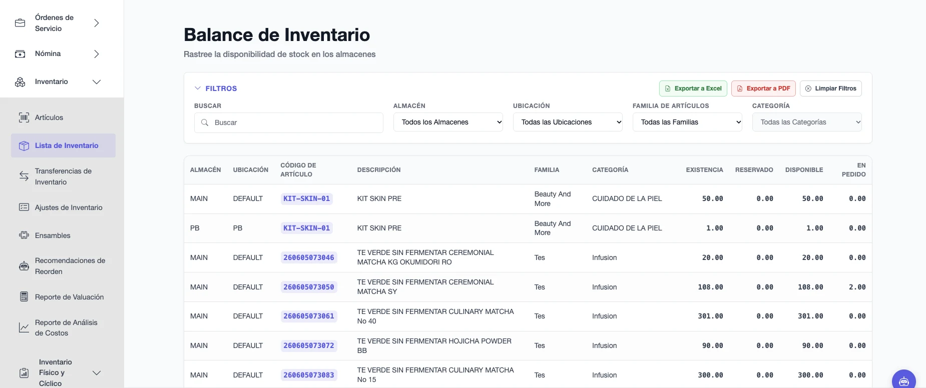 Lista de inventario por almacén y ubicación con existencias, reservado, disponible y cantidades en pedido