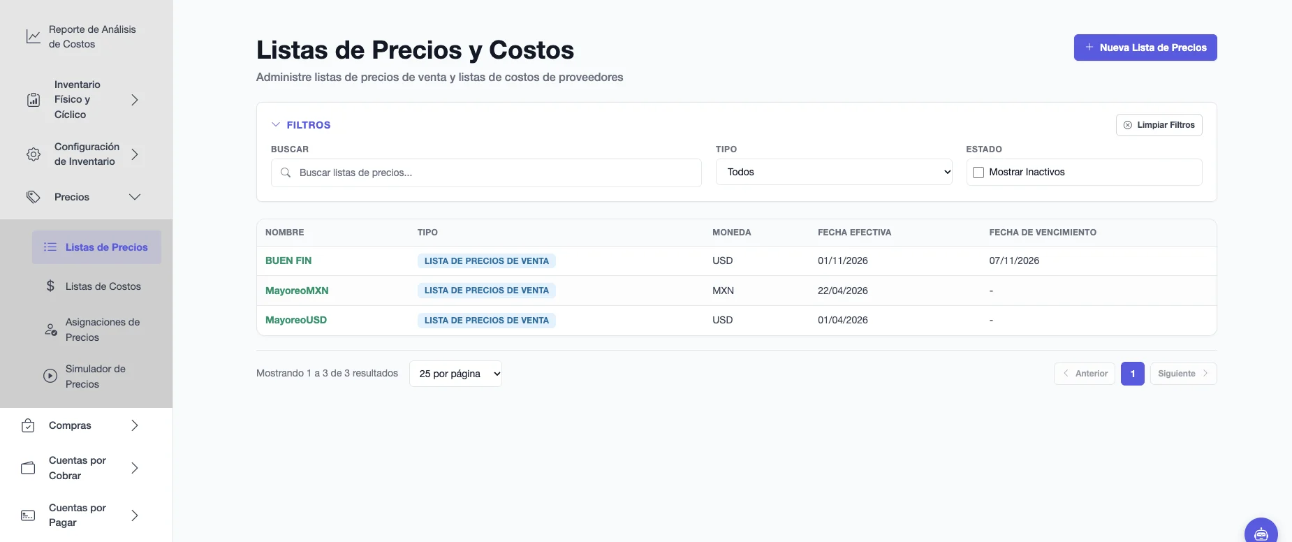 Listas de Precios de venta con nombre, tipo, moneda, fecha efectiva y fecha de vencimiento de cada lista