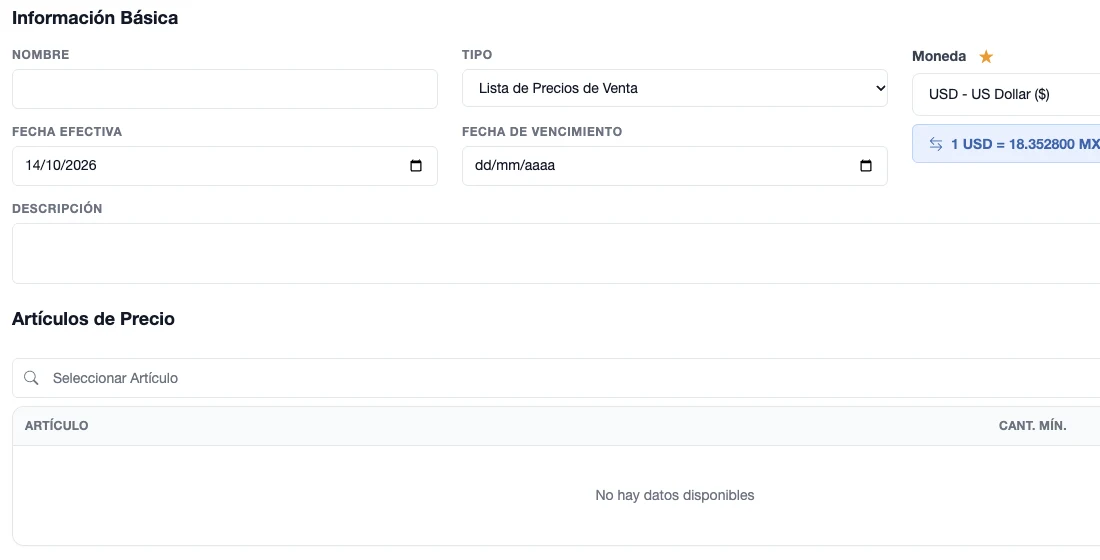 Formulario Nueva Lista de Precios con nombre, tipo, moneda, fecha efectiva, fecha de vencimiento y sección de artículos de precio