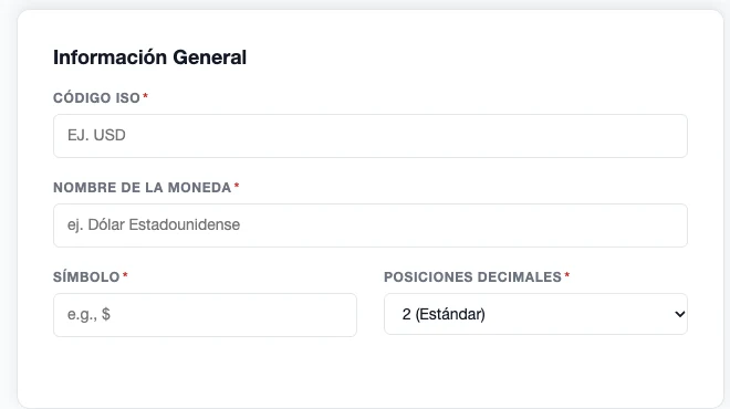 Formulario Nueva Moneda con código ISO, nombre de la moneda, símbolo y posiciones decimales