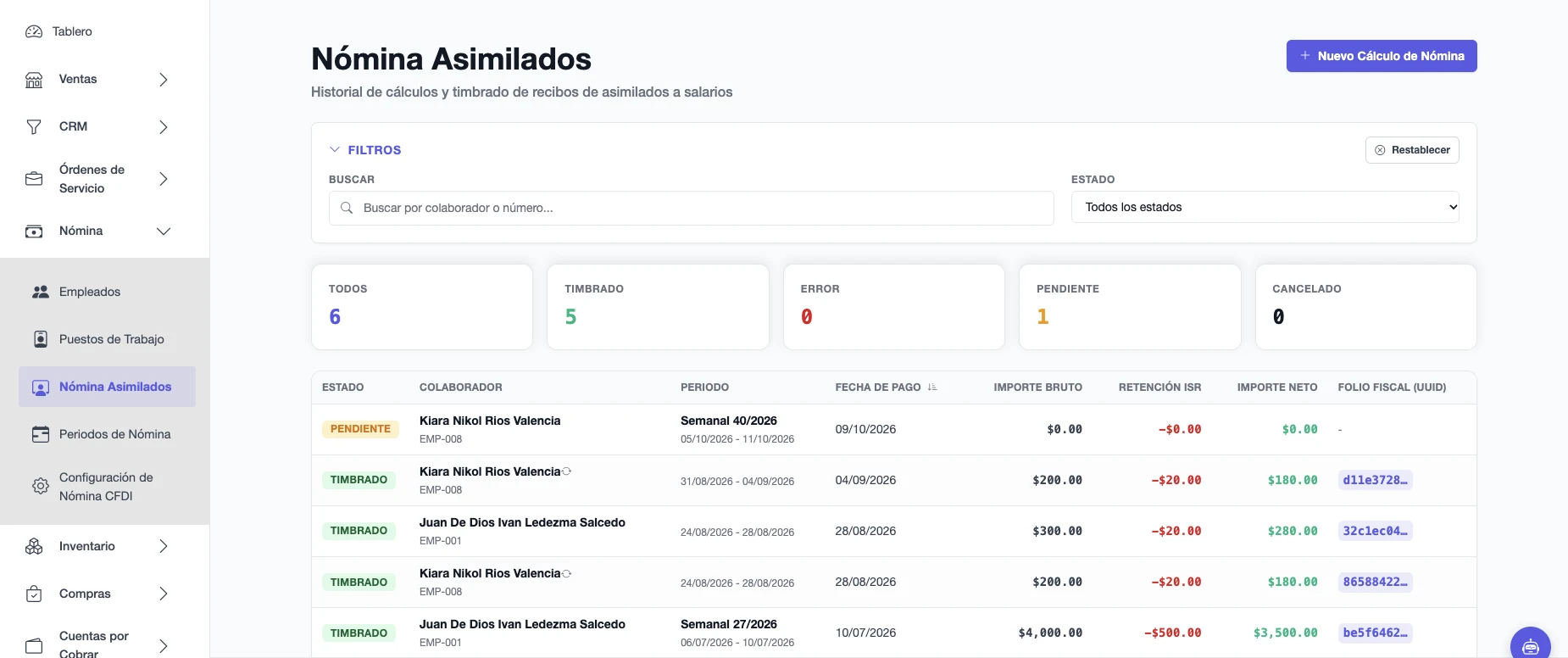 Lista de nómina de asimilados con periodo, bruto, retención ISR, neto, estado y folio fiscal