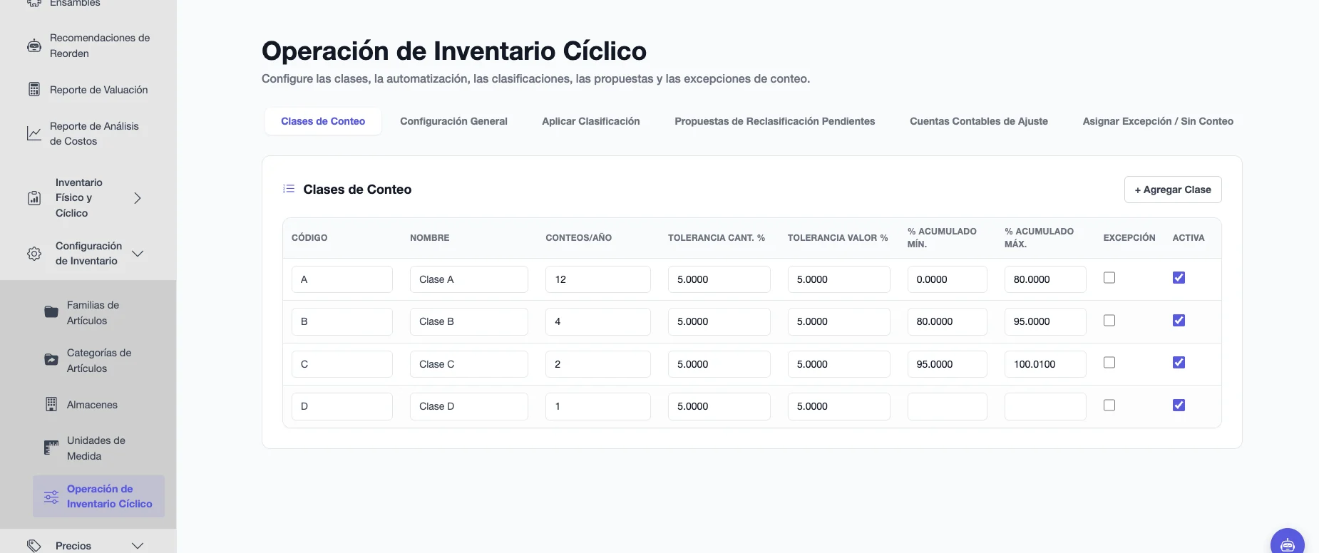 Clases de Conteo con código, nombre, conteos al año, tolerancias de cantidad y valor, porcentajes acumulados y estado de cada clase