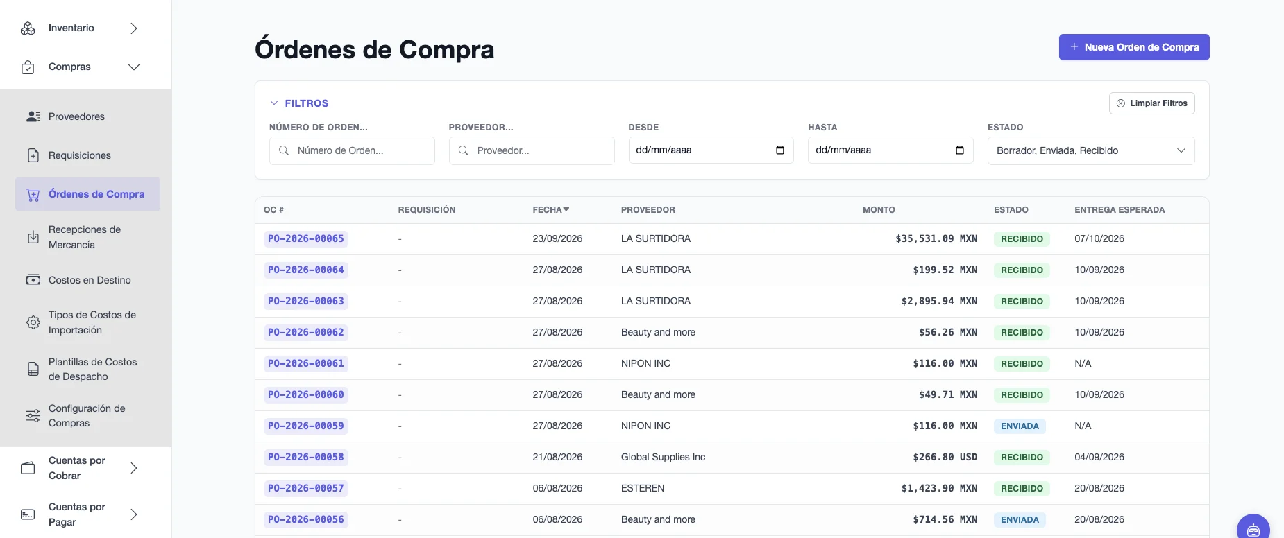 Lista de Órdenes de Compra con número, requisición, fecha, proveedor, monto, estado y entrega esperada de cada orden