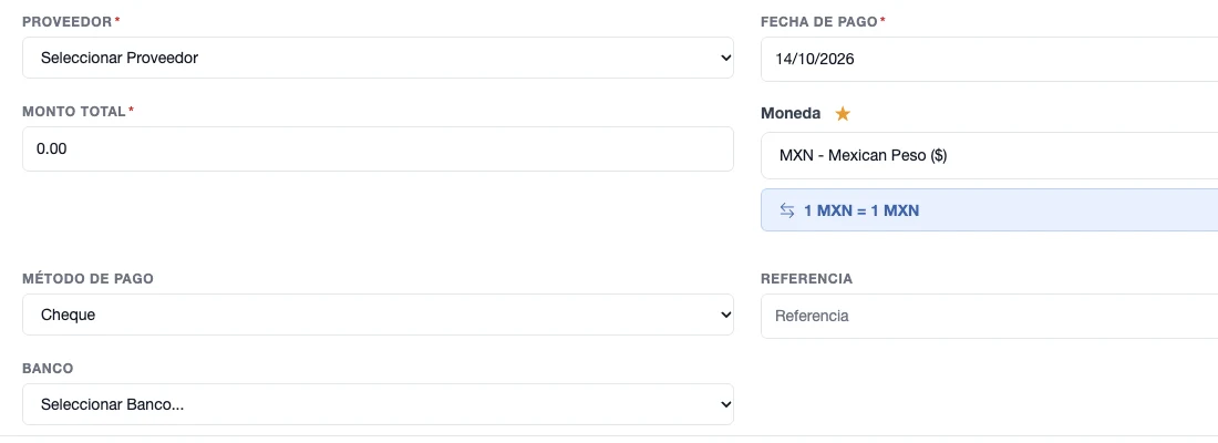 Formulario Nuevo Pago con proveedor, fecha de pago, monto total, moneda, método de pago, referencia y banco, con resumen de monto, aplicado y no aplicado