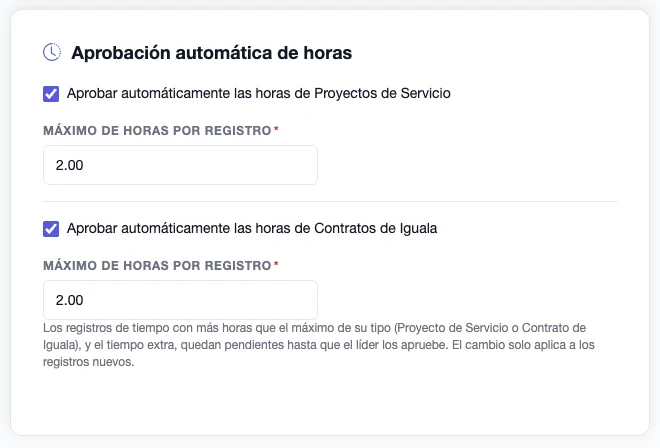 Ajustes de aprobación automática de horas para Proyectos de Servicio y Contratos de Iguala, cada uno con su máximo de horas por registro