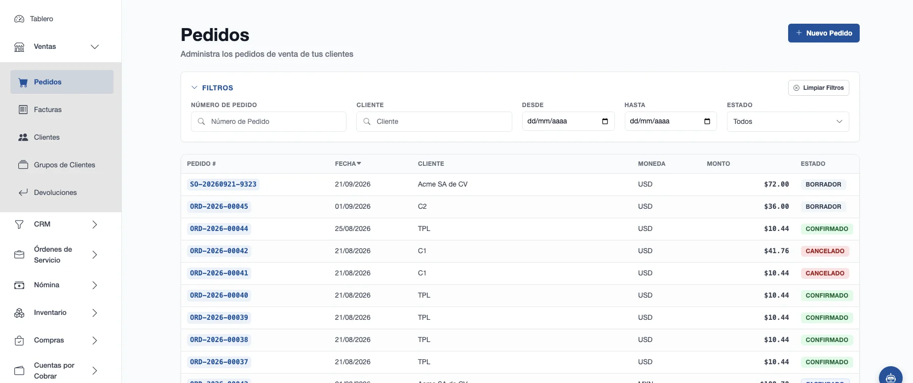 Lista de pedidos de Majjun ERP con filtros por número, cliente, fechas y estado