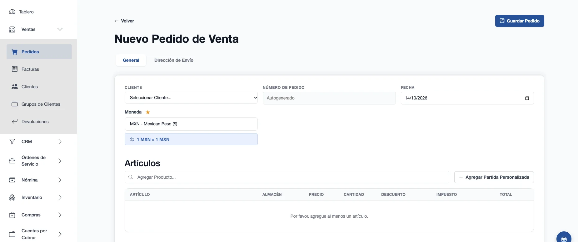 Formulario de nuevo pedido de venta con cliente, moneda y la tabla de artículos