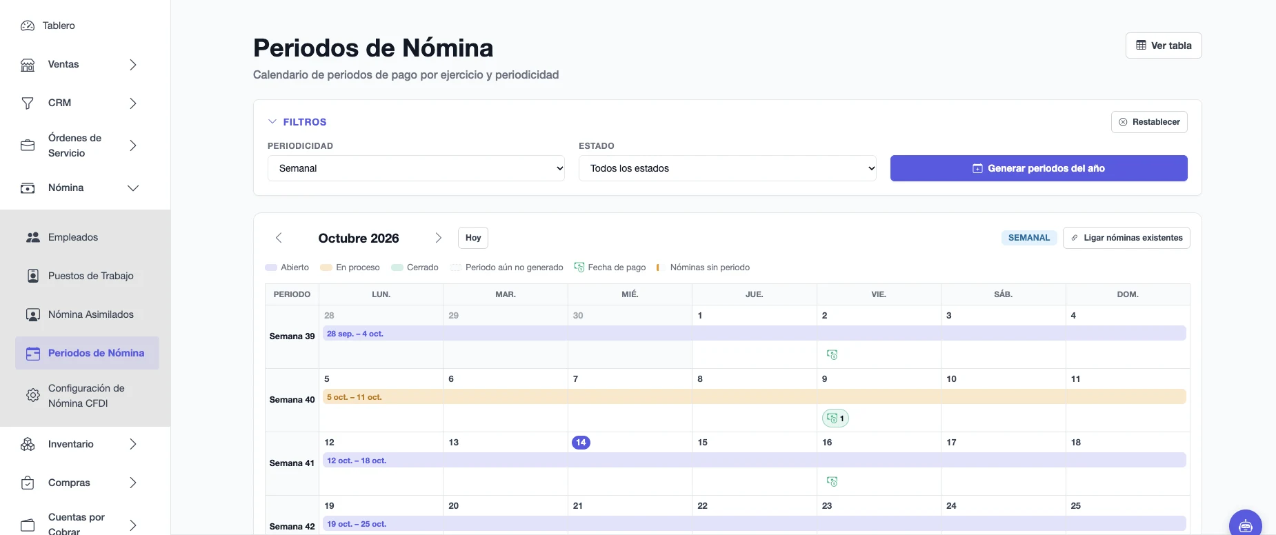 Calendario de periodos de nómina con frecuencia, fechas de pago y estados abierto, en proceso y cerrado
