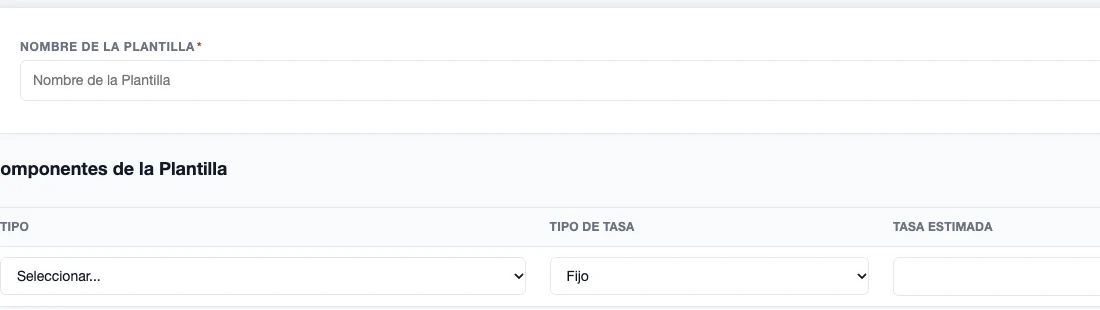 Formulario Crear Plantilla de Costos de Despacho con nombre de la plantilla y componentes con tipo, tipo de tasa y tasa estimada