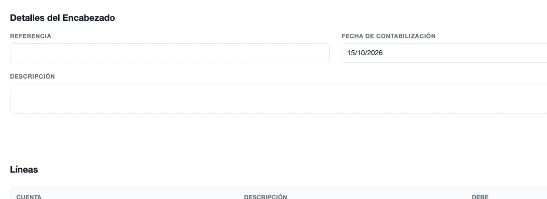 Formulario Nuevo Asiento de Diario con referencia, fecha de contabilización, descripción, líneas de cuenta, descripción, debe y haber y totales