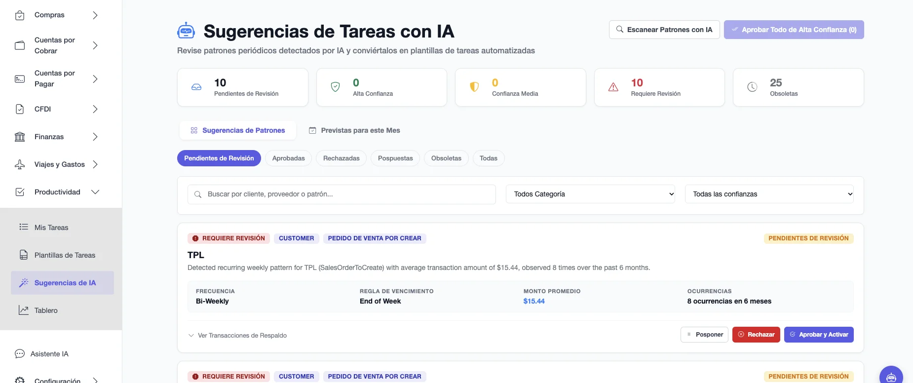 Sugerencias de Tareas con IA con contadores de pendientes, confianza alta, media y que requiere revisión, y las tarjetas de patrón por cliente o proveedor