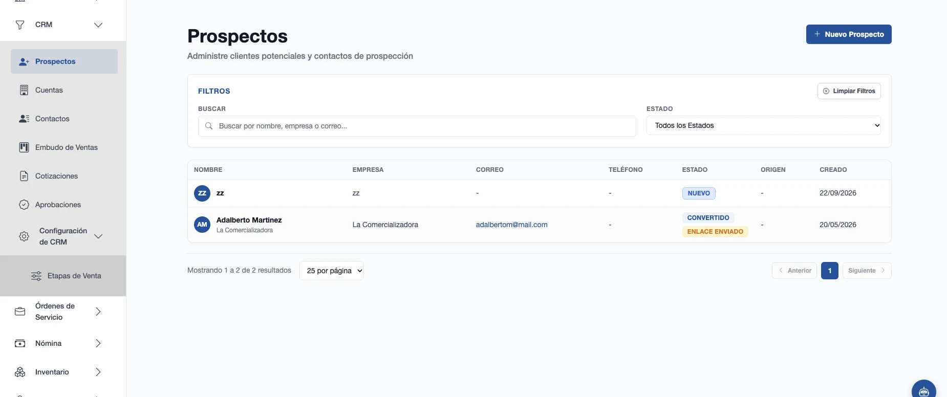 Lista de prospectos con empresa, contacto, correo, teléfono y estado