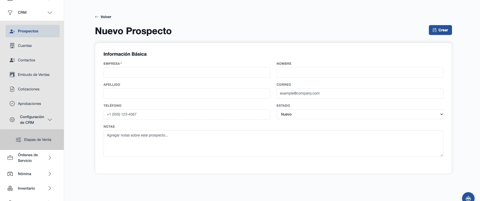 Formulario de nuevo prospecto con empresa, datos de contacto, estado y notas