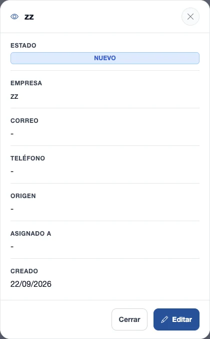 Resumen del prospecto con estado, empresa y datos de contacto
