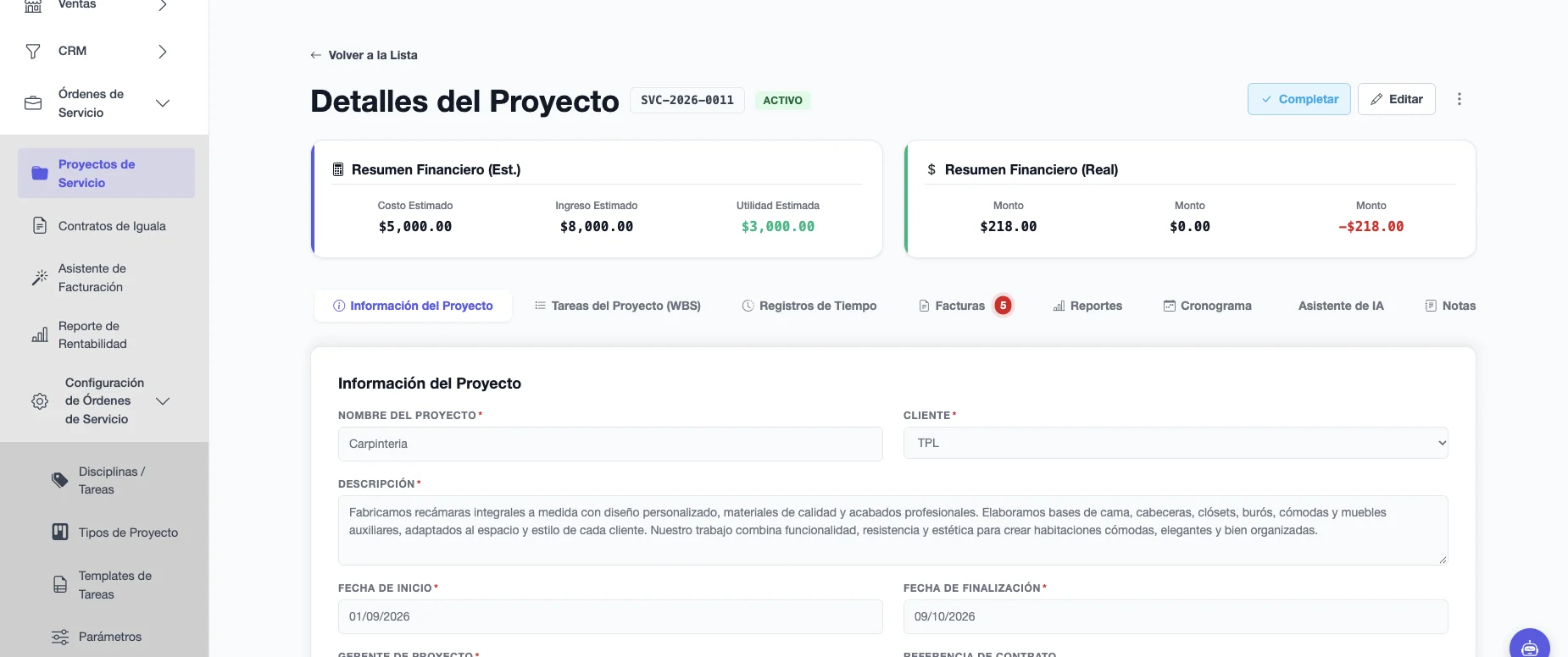 Detalle de un proyecto con su resumen financiero estimado contra el real y las pestañas de tareas, registros de tiempo y facturas