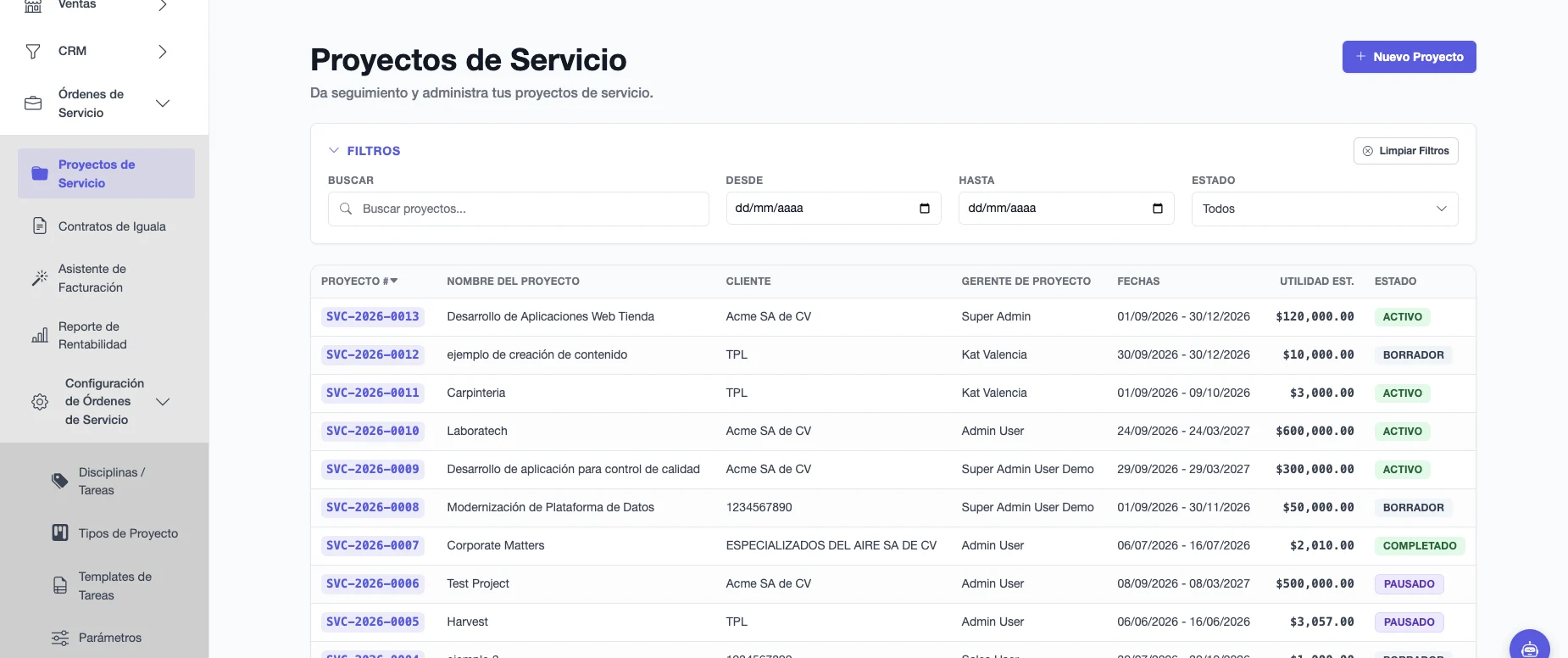 Lista de proyectos de servicio con cliente, gerente, fechas, utilidad estimada y estado