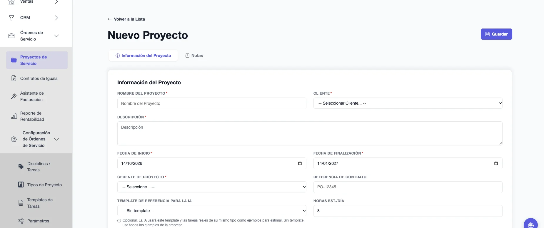 Formulario de nuevo proyecto con nombre, cliente, descripción, fechas y gerente de proyecto