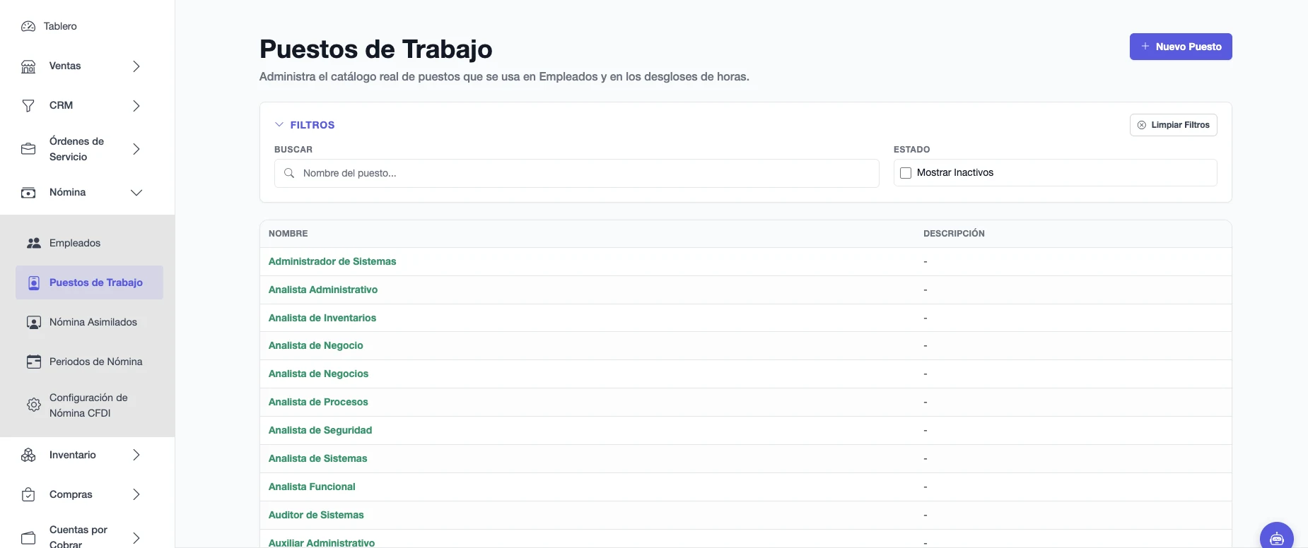 Catálogo de puestos de trabajo con nombres, descripciones y filtro de inactivos
