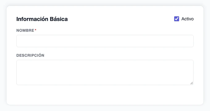 Formulario de nuevo puesto de trabajo con nombre, descripción y estado activo