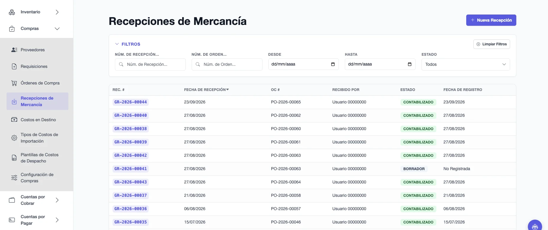Lista de Recepciones de Mercancía con número de recepción, fecha, orden de compra, persona que recibió, estado y fecha de registro