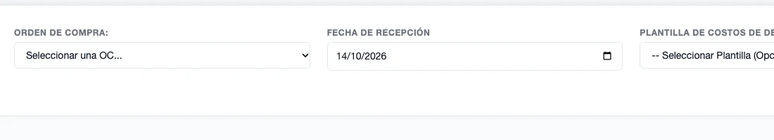 Formulario Nueva Recepción de Mercancía con orden de compra, fecha de recepción y plantilla de costos de despacho opcional