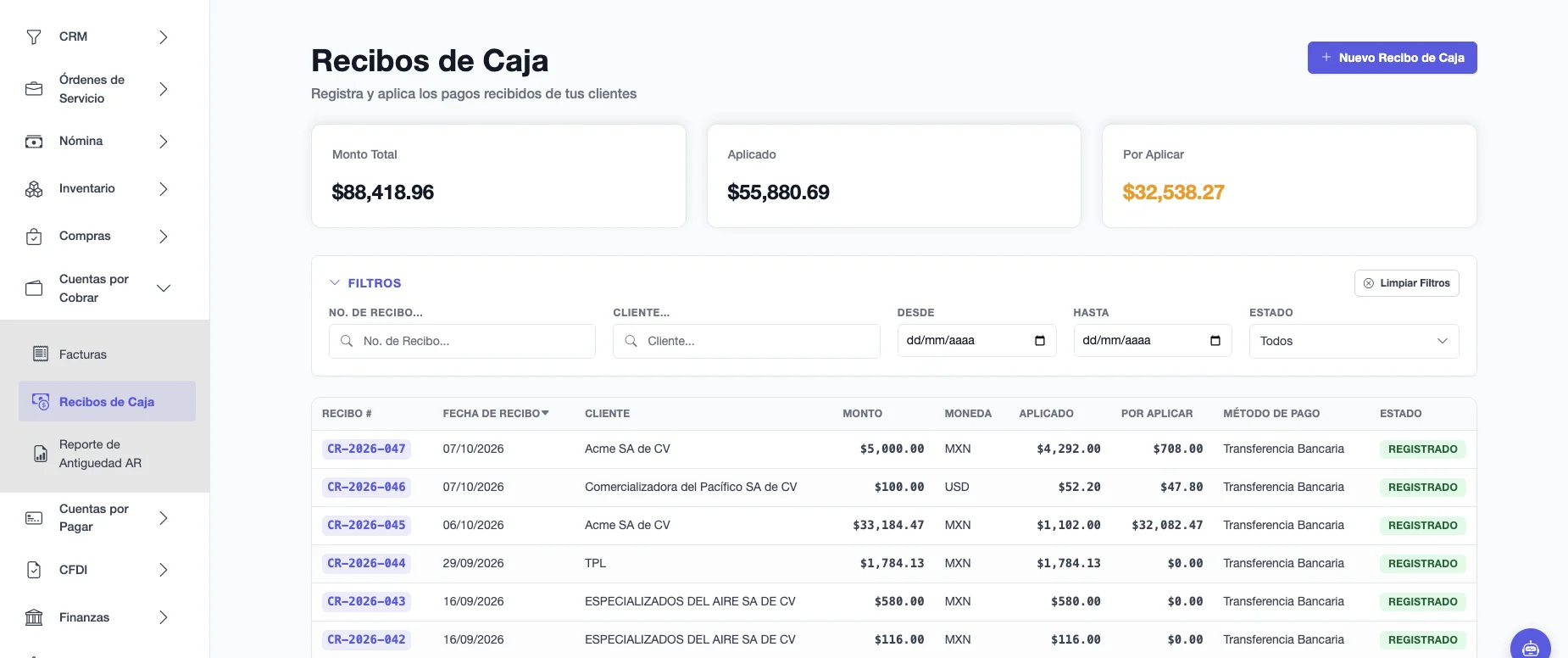 Lista de Recibos de Caja con monto total, aplicado y por aplicar, y el detalle de cada recibo por cliente, moneda y método de pago