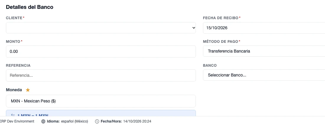 Formulario Nuevo Recibo de Caja con cliente, fecha de recibo, monto, método de pago, referencia, banco y moneda