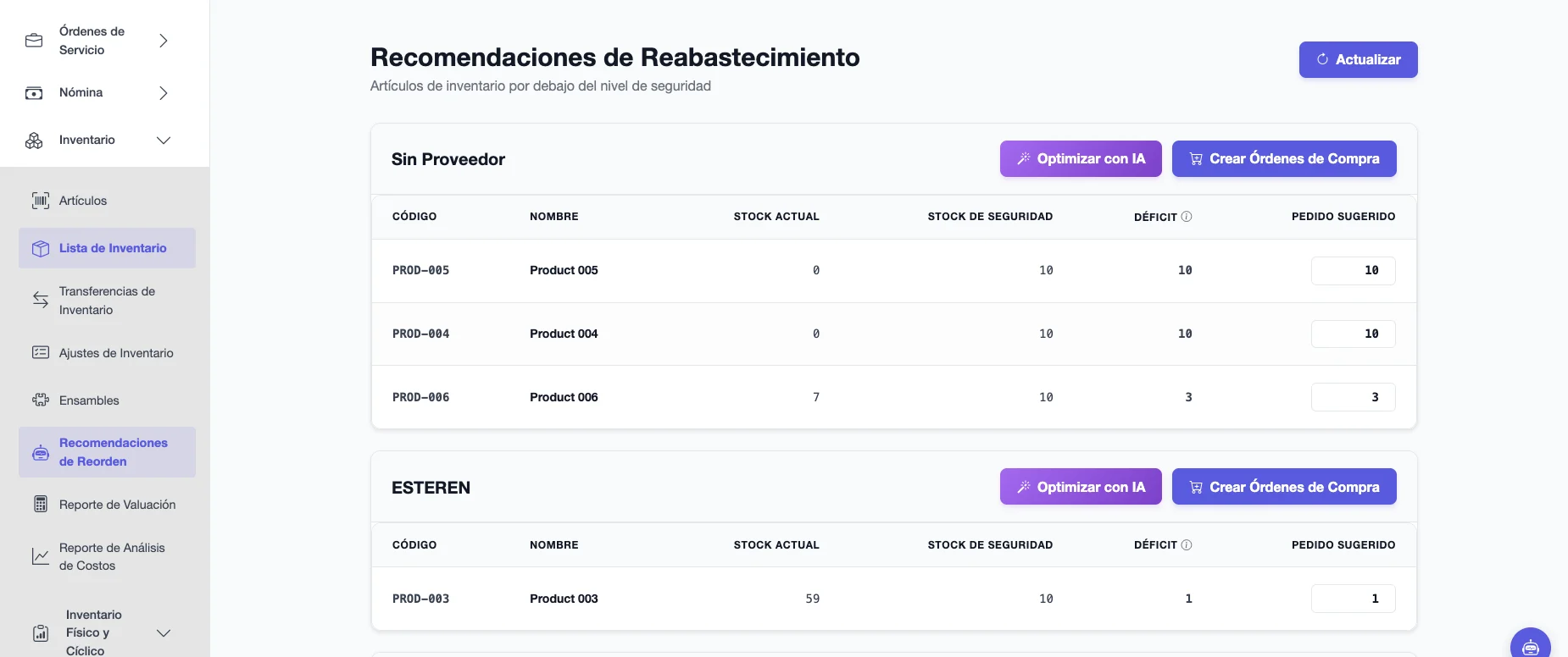 Recomendaciones de Reabastecimiento agrupadas por proveedor, con stock actual, stock de seguridad, déficit y pedido sugerido de cada artículo