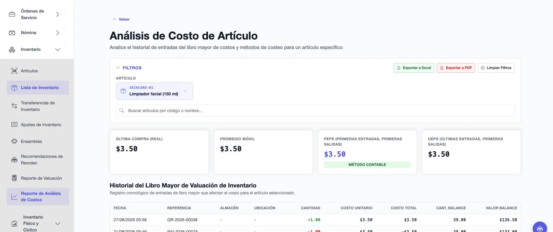 Análisis de Costo de Artículo con las tarjetas de costo por última compra, promedio móvil, PEPS y UEPS, y el historial del libro mayor de valuación de inventario