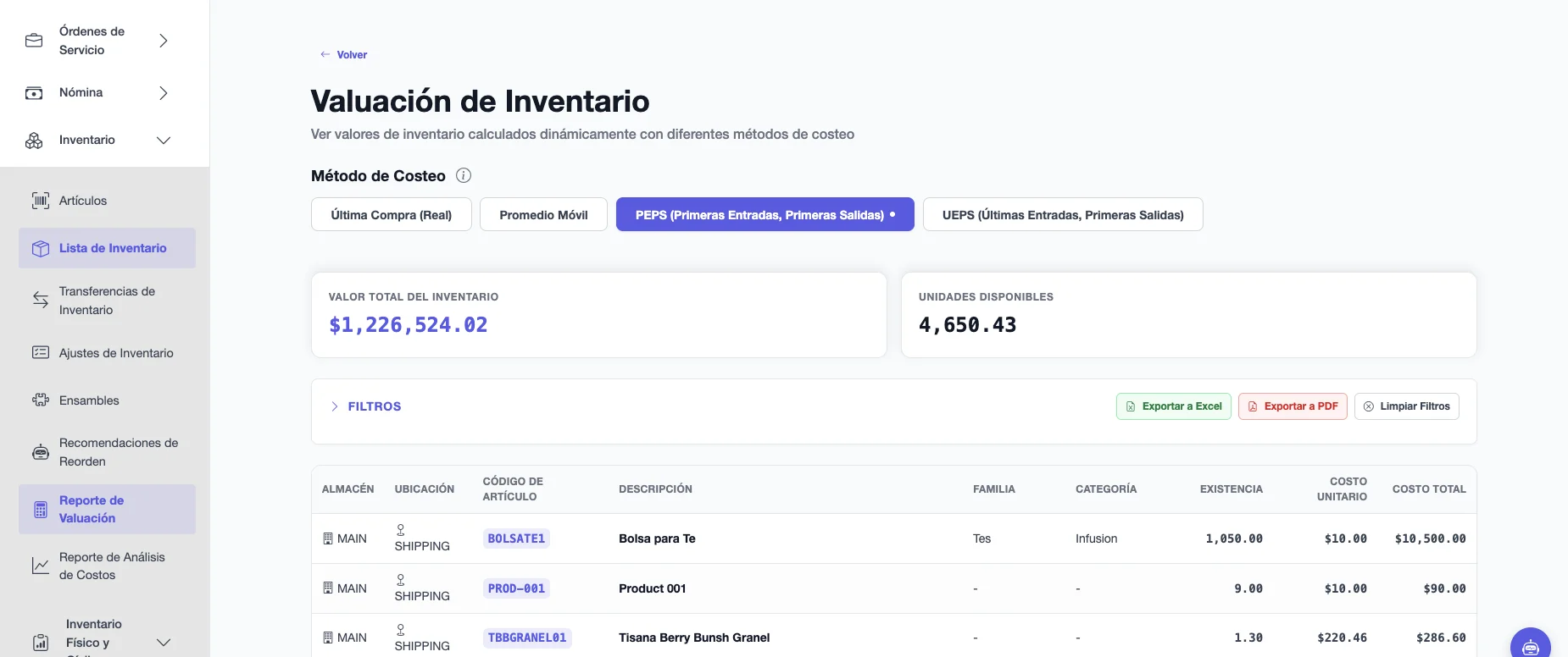 Reporte de Valuación de Inventario con el valor total, las unidades disponibles, los métodos de costo y la lista de artículos con existencia, costo unitario y costo total