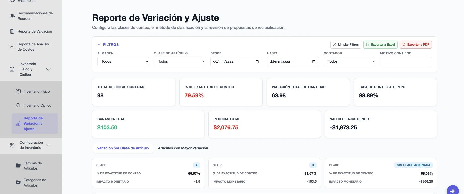 Reporte de Variación y Ajuste con el total de líneas contadas, la exactitud del conteo, la variación de cantidad, la ganancia, la pérdida y el valor de ajuste neto