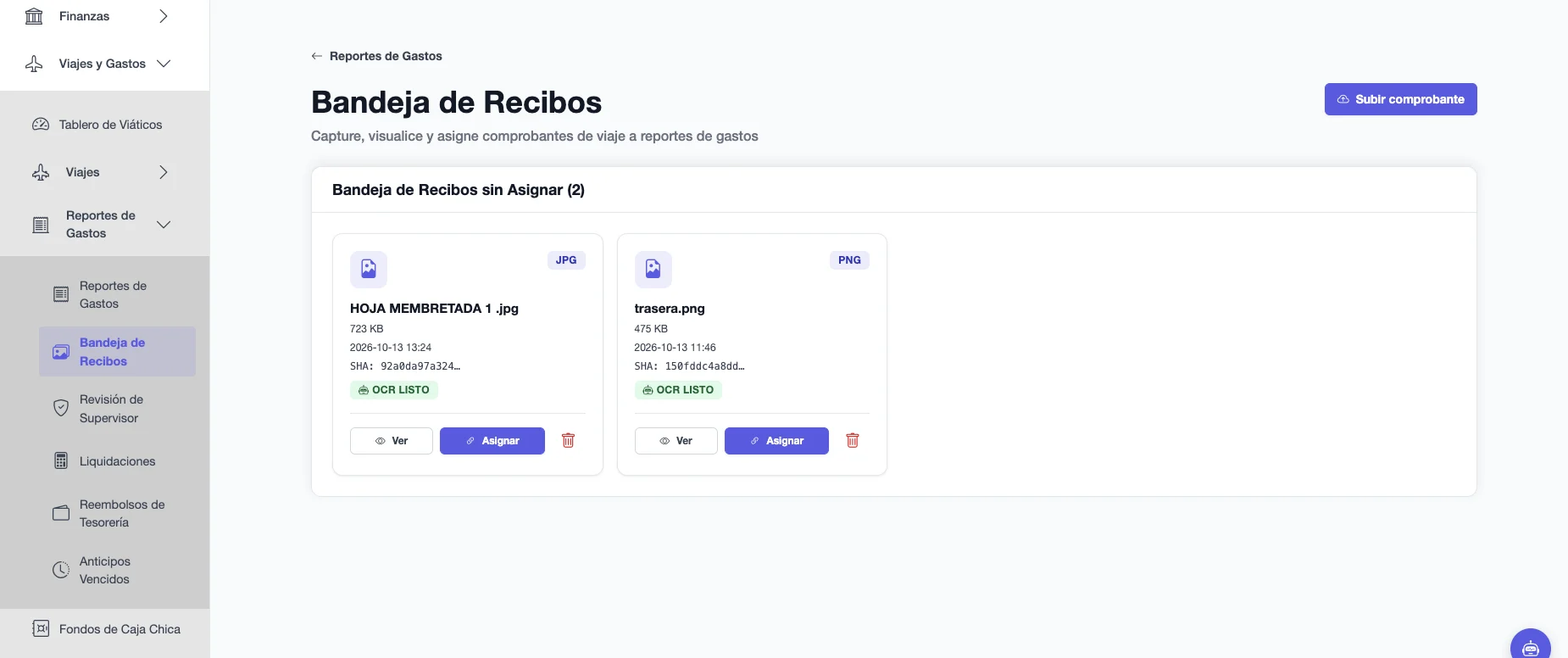 Bandeja de Recibos sin asignar con los archivos cargados, su tipo, tamaño, fecha, código de verificación y las acciones Ver, Asignar y eliminar