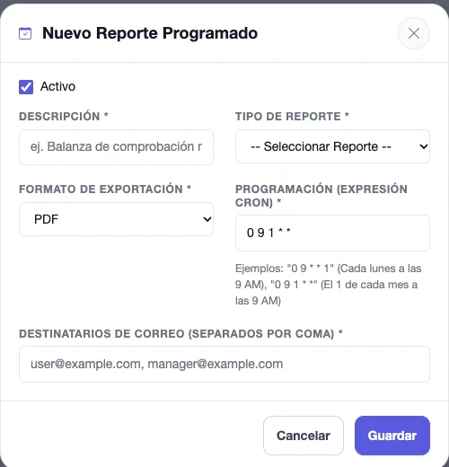 Formulario Nuevo Reporte Programado con descripción, tipo de reporte, formato de exportación, programación en expresión cron y destinatarios de correo