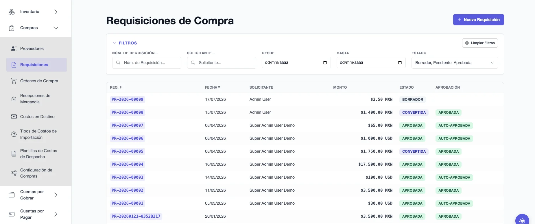 Lista de Requisiciones de Compra con número, fecha, solicitante, monto, estado y estado de aprobación de cada solicitud