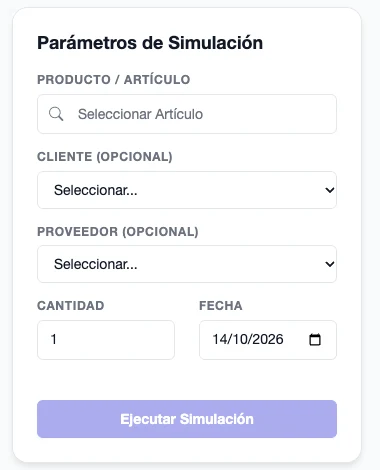 Parámetros de Simulación con artículo, cliente opcional, proveedor opcional, cantidad, fecha y botón Ejecutar Simulación