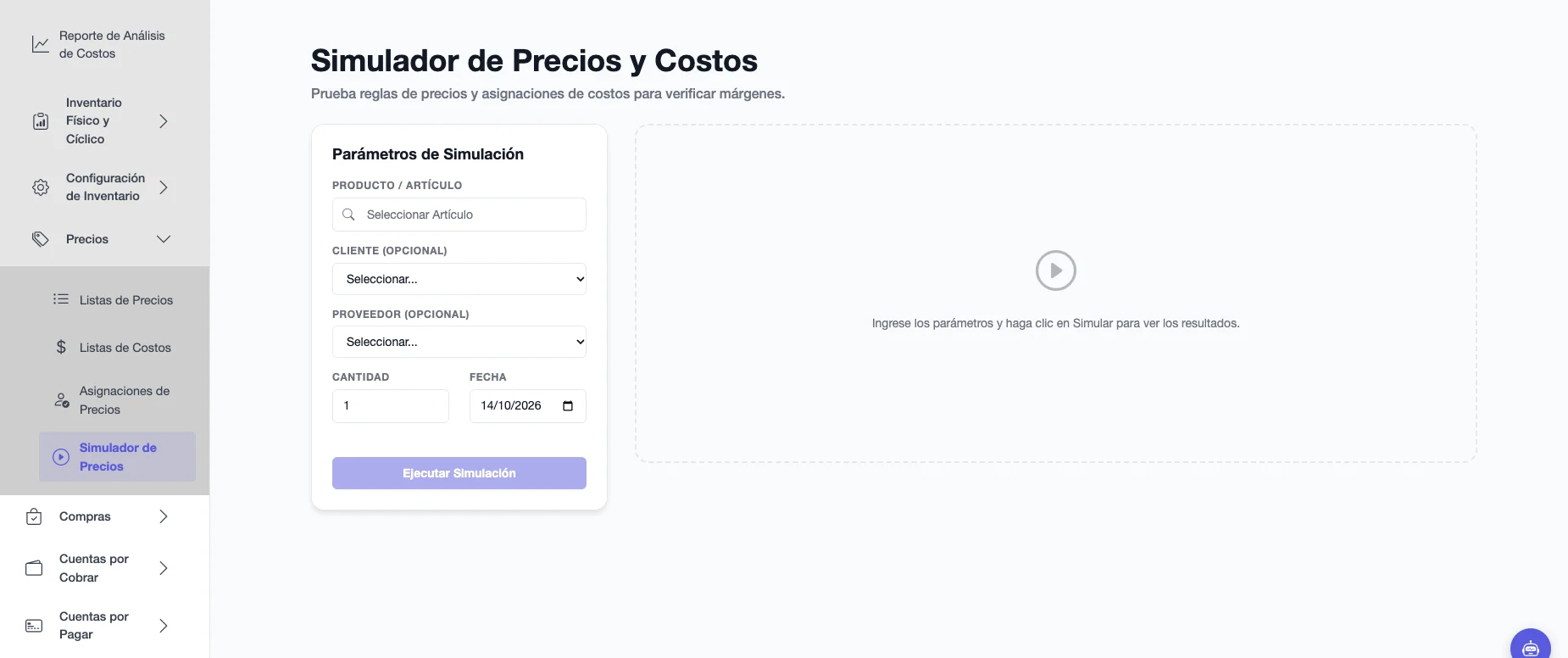 Simulador de Precios y Costos con los parámetros de simulación: artículo, cliente y proveedor opcionales, cantidad y fecha