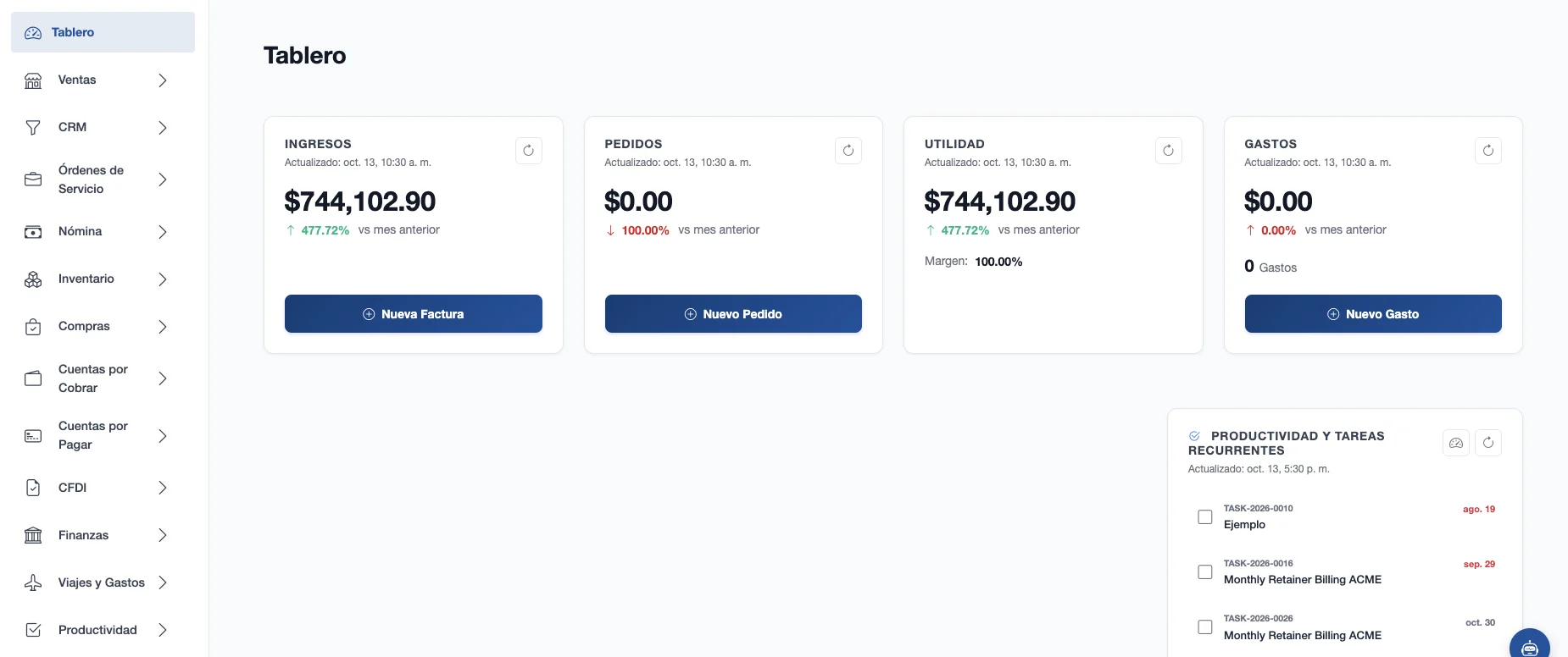 Tablero de Majjun ERP con las tarjetas de ingresos, pedidos, utilidad y gastos, y la lista de tareas