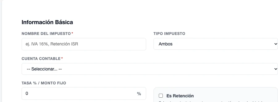Formulario Crear Tasa de Impuesto con nombre, tipo de impuesto, cuenta contable, tasa o monto fijo y la casilla Es Retención